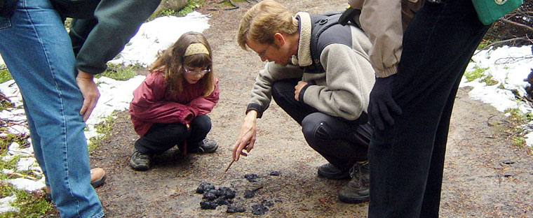 guide Joel Hagen showing guests grizzly bear scat